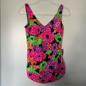 Batte Vintage Neon Floral One Piece Bathing Skirt with Tied Skirt Detail
